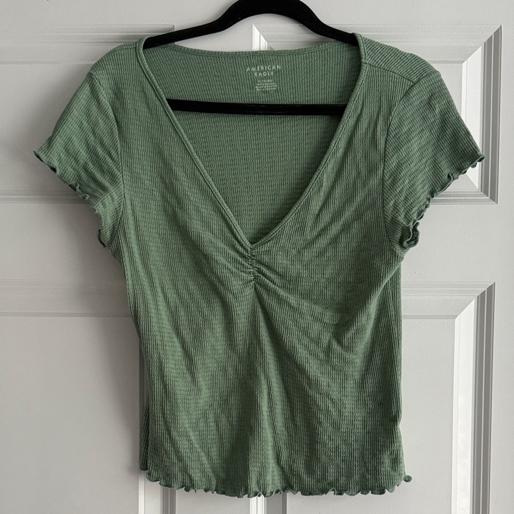 American Eagle Outfitters Green Ribbed V-Neck Tee